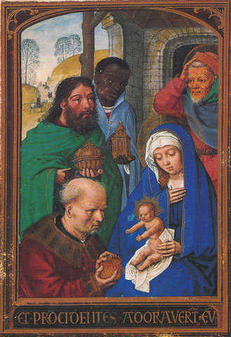 La adoración de los Reyes. Simon Bening. Miniatura del Libro de Horas Floridas, (1520-1525). Munich. Bayerische Staatsbibliothek.