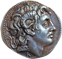 Alejandro Magno con cuernos de carnero en una moneda helenística