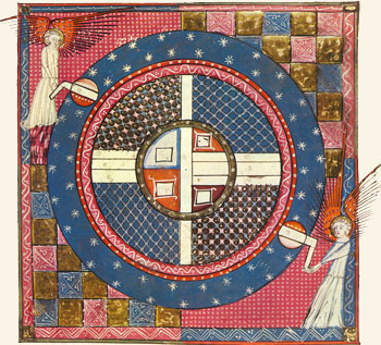 Ángeles moviendo el mundo con una manivela. Manuscrito provenzal, Francia, s. XIV.