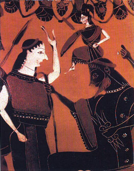 Atenea saliendo de la cabeza de Zeus. (Ánfora de figuras negras). Ático, s. V a. C. Cerámica. Museo del Louvre, París.