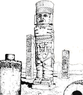 Vista parcial de los pilares y "atlantes" del Templo de Tlahuizcalpantecuhtli en Tula. Dibujo de María Eugenia Meza Lara.