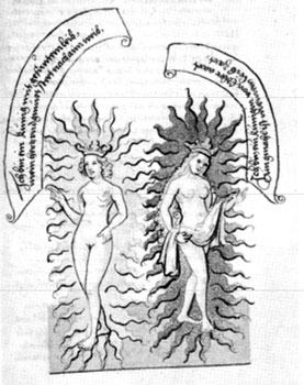 Azufre y Mercurio en un manuscrito alquímico del siglo XVI.