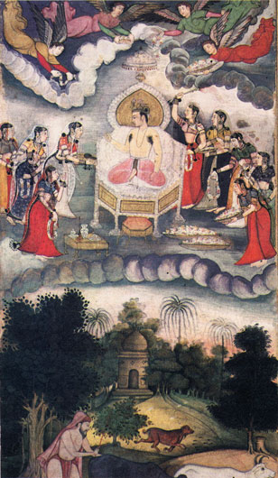 Indra en los cielos atendida por las Apsaras