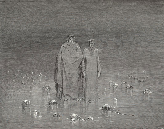 Virgilio y Dante en el Cocito congelado. Grabado de Gustave Doré.