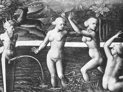 Ninfas desnudas en un estanque presidido por una hermia de Pan