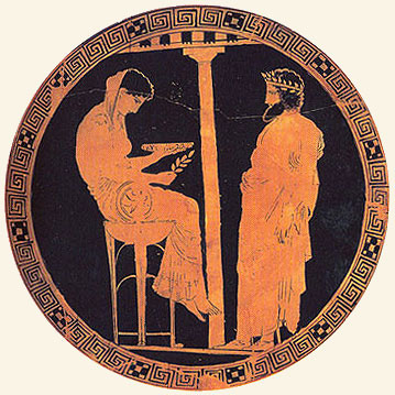 Consulta del oráculo representada en una kylix ática