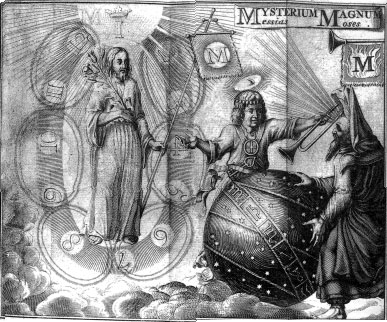 Frontispicio de Mysterium magnum. Jesús en el medio de los números y signos zodiacales