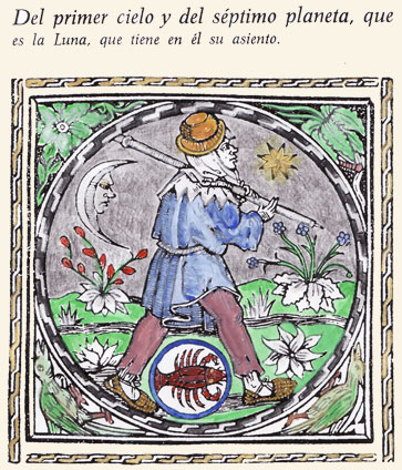 Luna, regente del signo de Cáncer. Andrés de Li, Repertorio de los Tiempos. Toledo, 1546. Versión coloreada: Beatriz Ramada.