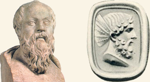 Busto de Sócrates y gema griega con la efigie de Platón