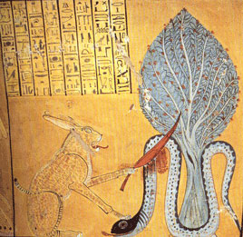 Gato matando a la Serpiente Mítica. Cámara sepulcral en Deir el-Medina c. 1150 a. C. Tebas, Egipto