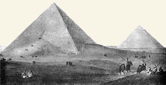 La Gran Pirámide y la pirámide de Kefrén. Grabado del s. XIX