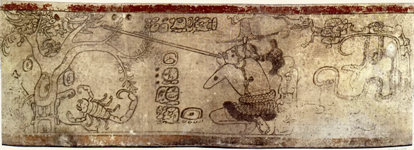 Popol Vuh. Hunahpú con su cerbatana. Vaso maya, colección privada.
