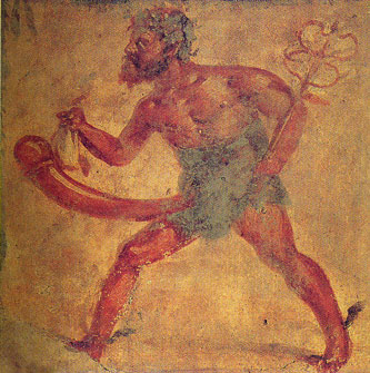 Príapo con atributos de Hermes-Mercurio. Fresco de Pompeya del s. I d. C.. Nápoles, Museo Arqueológico Nacional.