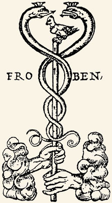 Caduceo de Mercurio con dos serpientes enroscadas enfrentándose y un ave en su cúspide. Marca de Johann Froben, Basilea, 1515