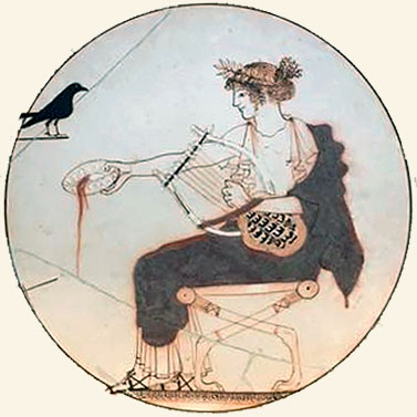 Apolo con la lira hecha de concha de tortuga, kylix, Museo de Delfos.
