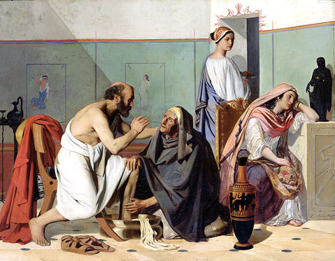 Euriclea reconoce a Ulises por la cicatriz en la pierna. 