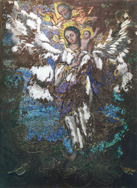 Virgen realizada cn plumas de pájaro. Arte colonial americano, México.